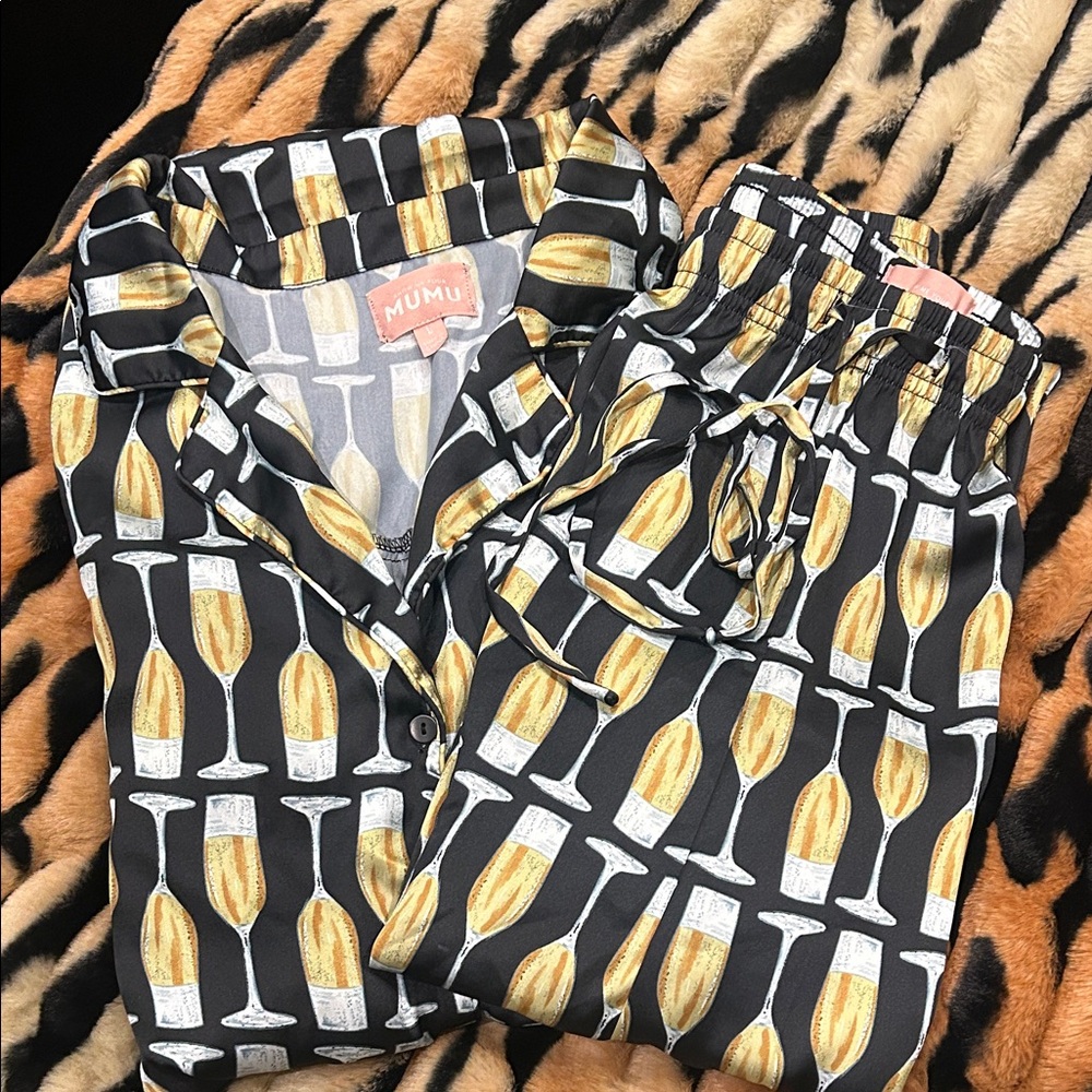 Mumu Black Champagne Glass Satin Pajama Set